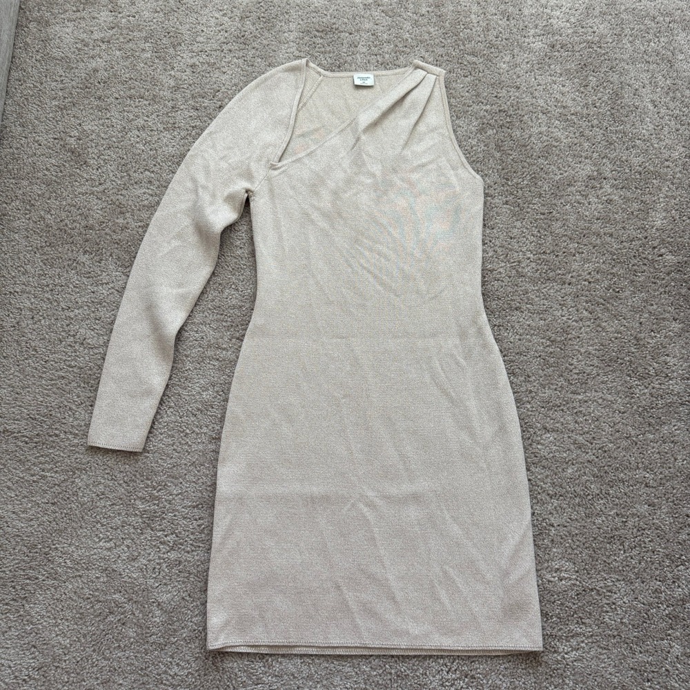 NWOT Abercrombie & Fitch Metallic One Shoulder Cutout Mini Sweater Dress Gold MP
